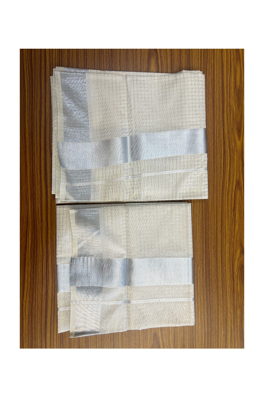 25% Discount!! KaithariKada - Kerala Pure Cotton OFF WHITE Single Set Mundu - EXTRA LENGTH - Check Silver Kasavu Big Kara - 1KK5152PMC