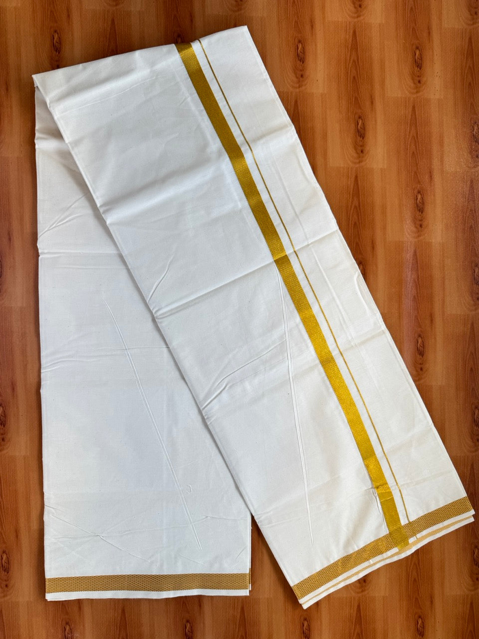 Single Off White Pure 100% Cotton - 10% Discount ! KaithariKada UnBleached Dhoti - 40s - 0.5inch Gold Kasav (2 meter / 4 muzham) - 1 KK5467 MC