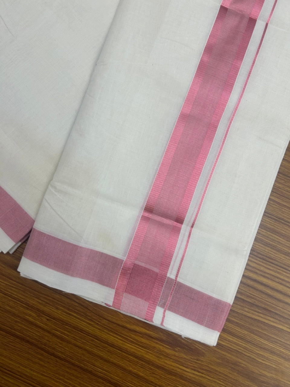 25% Discount ! KaithariKada Handloom Millpaav Balaramapuram - 100% Pure Cotton Off White (Unbleached) Double Mundu/Dothi -80x90 - 2 inch Rose Pink Kasav Striped kara 4 mtr (8.5 muzham) - 94 KK5256 RAM