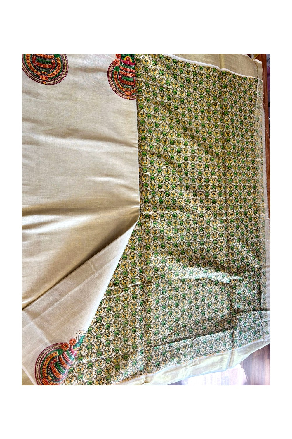 10% Discount!! Kaitharikada Kerala Saree - Kasavu Tissue - Kasavu Zari & Kathakali Mural Prints in Gold- 1KK1008VIN