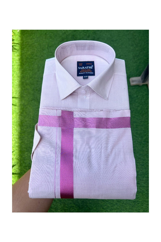 NEW! Kaitharikada Special - Art Silk Men's Shirt & Dhoti Set - Pink Shaded Half Sleeve shirt and Pink Shaded Dhothi with Pink Kasavu Kara - 1KK6004SAR.