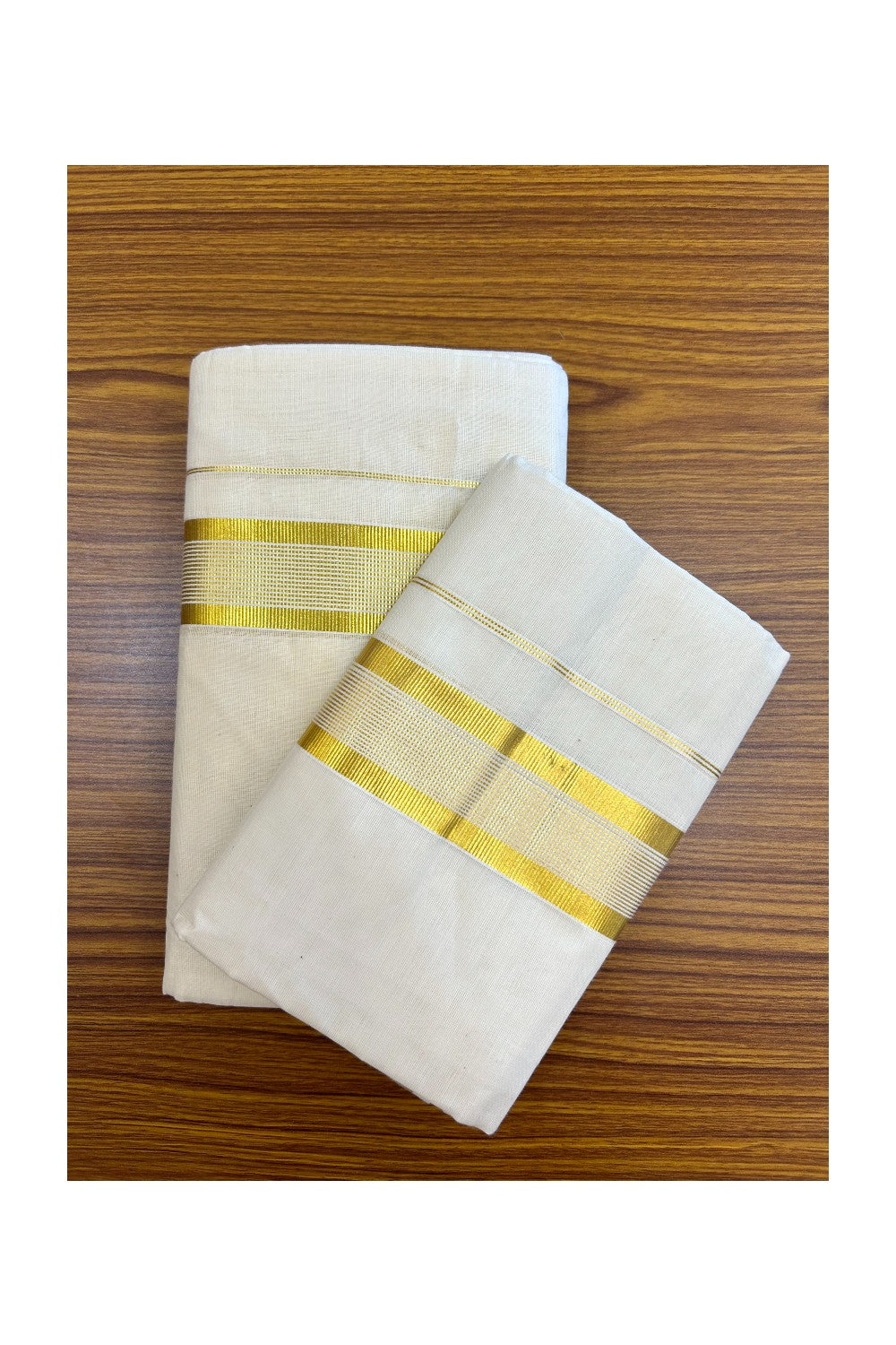 20% Discount!! KaithariKada Balaramapuram - 100% PURE Cotton Off White  (Unbleached) Mundu/Dhoti & Neriyath set - 1.5 Inch Kasavu Stripes Kara - 1KK5213 VIN