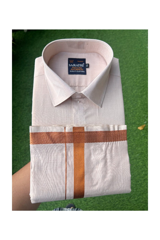 NEW! Kaitharikada Special - Art Silk Men's Shirt & Dhoti Set - Light Pink Full Sleeve shirt and Light Pink Dhothi with Copper Kara- 1KK6003SAR