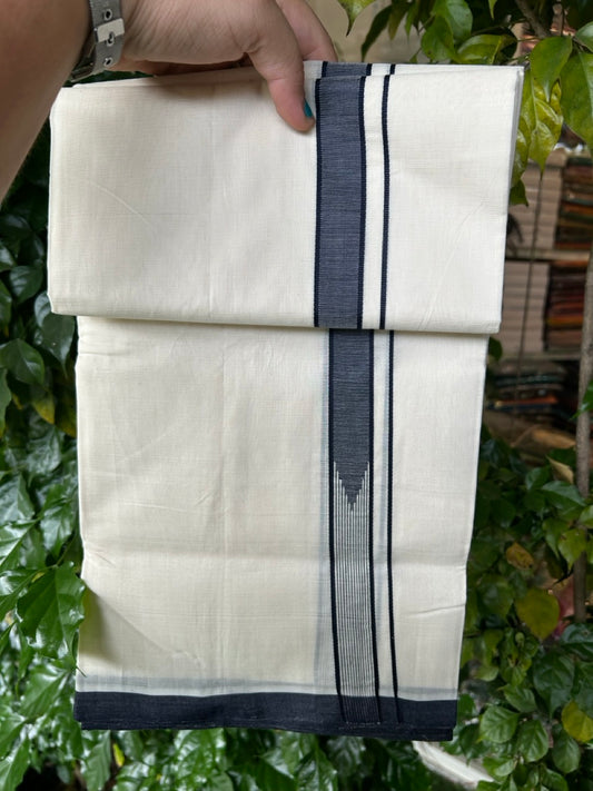 25% DISCOUNT!! KaithariKada HANDLOOM  UNAKKUPAAV Balaramapuram - 100% PURE Cotton OFF White - (Unbleached) Double Mundu/Dothi - 100 x 80 - Black White Chutty Kara - 3.85meter - 10 KK5249 REA
