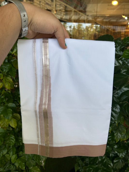 22% Discount ! NEW! KaithariKada Balaramapuram 100% Cotton Pure white Double Mundu/Dhoti - (100x80)s - Heavy Chutty Brown Chutty Silver Kasav - 10 KK5252 CKS