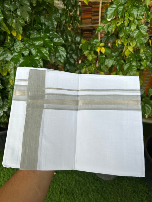 Short Dhoti Special - 28% Discount ! KaithariKada 100% Cotton Pure White Double Mundu / Dhoti - 100x80 - 45 inch Height 3.80 m Length  1.5 inch Ash Green Silver Kasav kara - 10 KK5258 THI