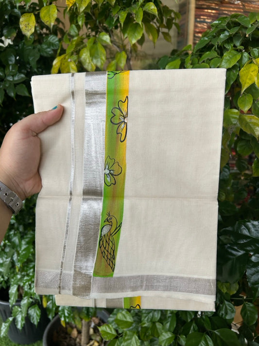 24% Discount! KaithariKada 100% Cotton Double Off white - (Ubleached) Mundu / Dhoti - 100x80 1 inch Silver Kasavu & Hand Painted Flower Peacock - 10 KK5259 CKS