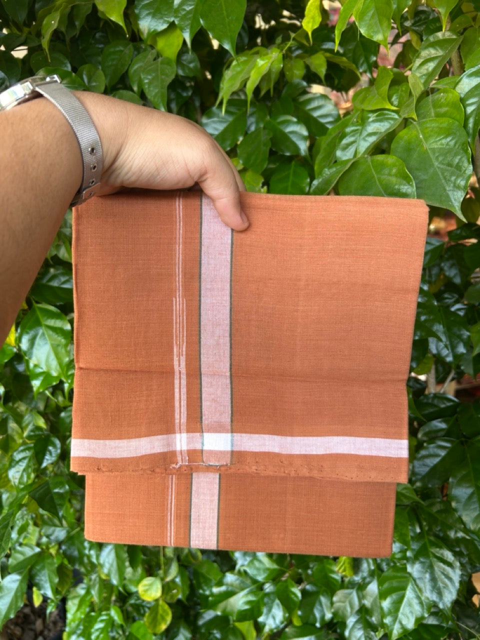 HANDLOOM Single KaithariKada - 10% Discount ! 100% Pure Cotton -  Mundu/Dhoti  KAVI COLOUR BODY 2cm WHITE Kara Green Stripes Chutty (2 meter / 4 muzham)- 10KK8026ELA