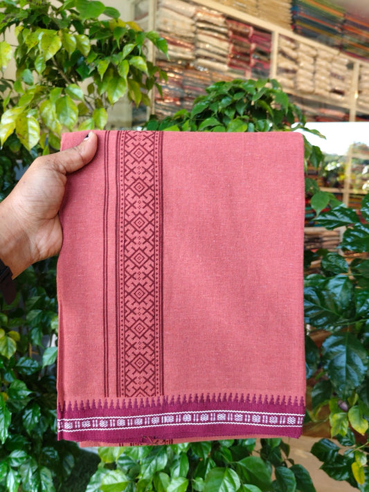 8% Discount!!! Kaitharikada Mixed Cotton Single KAVI - Kaily / Lungi - 3.25 inch Maroon Tribal Kuppadam Border (2 meter / 4 muzham) - 10KK8027 AS