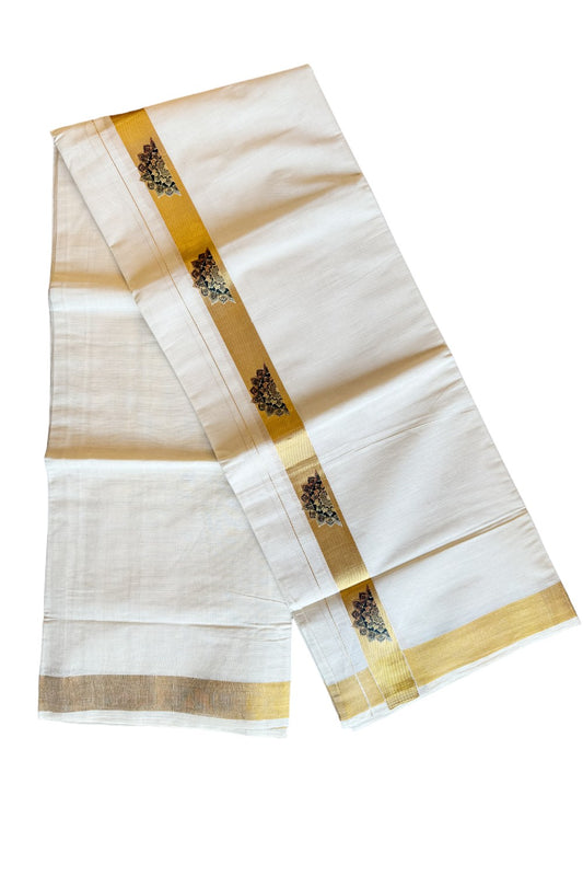 20% Discount !! KaithariKada Balaramapuram Mixed Cotton Double Off white - (Unbleached) Mundu/Dhoti-80x72-  Printed  Kasavu & Black Flower Design - 10KK207PMC