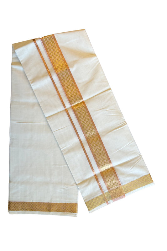 25% DISCOUNT!! KaithariKada HANDLOOM UNAKKUPAAV Balaramapuram - 100% PURE Cotton OFF White (Unbleached) Double Mundu/Dothi - 3 Inch Kasavu & Copper designer Kara - 10KK456KK