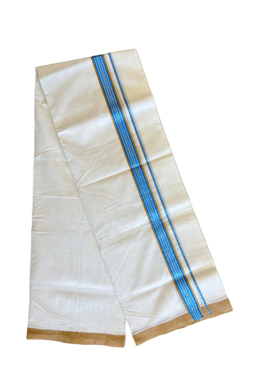 25% DISCOUNT!! KaithariKada HANDLOOM UNAKKUPAAV Balaramapuram - 100% PURE Cotton OFF White (Unbleached) Double Mundu/Dothi - Silver kasavu Pattern Sky blue & Light brown kara 3.75m (8.30 Muzham) - 10KK458SOM