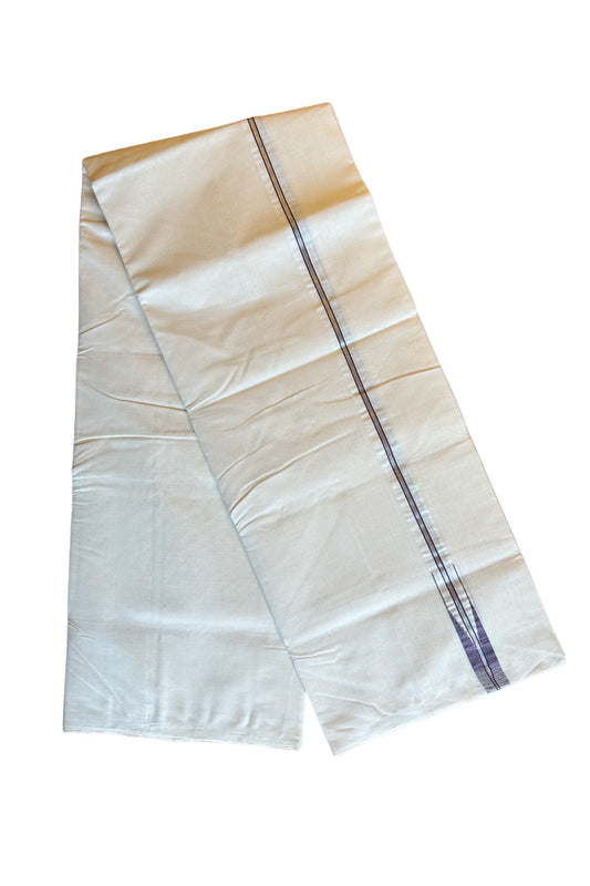 ONAM SPECIAL 30% DISCOUNT!! KaithariKada HANDLOOM UNAKKUPAAV Balaramapuram - 100% PURE Cotton OFF White - (Unbleached) Double Mundu/Dothi - 2.5 cm Puliyilakkara silver kasavu Purple chutty - 10KK462RAM