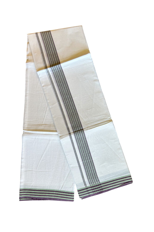 29% DISCOUNT! KaithariKada Balaramapuram 100% Cotton PURE WHITE Double Mundu/Dhoti-100x100 2.25 inch Light Green & Dark Purple Stripes Cotton kara 3.70m- 10KK493RAM