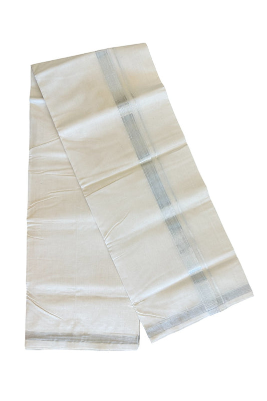 25% DISCOUNT! KaithariKada HANDLOOM Millpaav Balaramapuram - 100% PURE Cotton Off White - (Unbleached) - Double Mundu/Dhoti - 1.75inch Silver Kasavu Striped - 10KK498KK