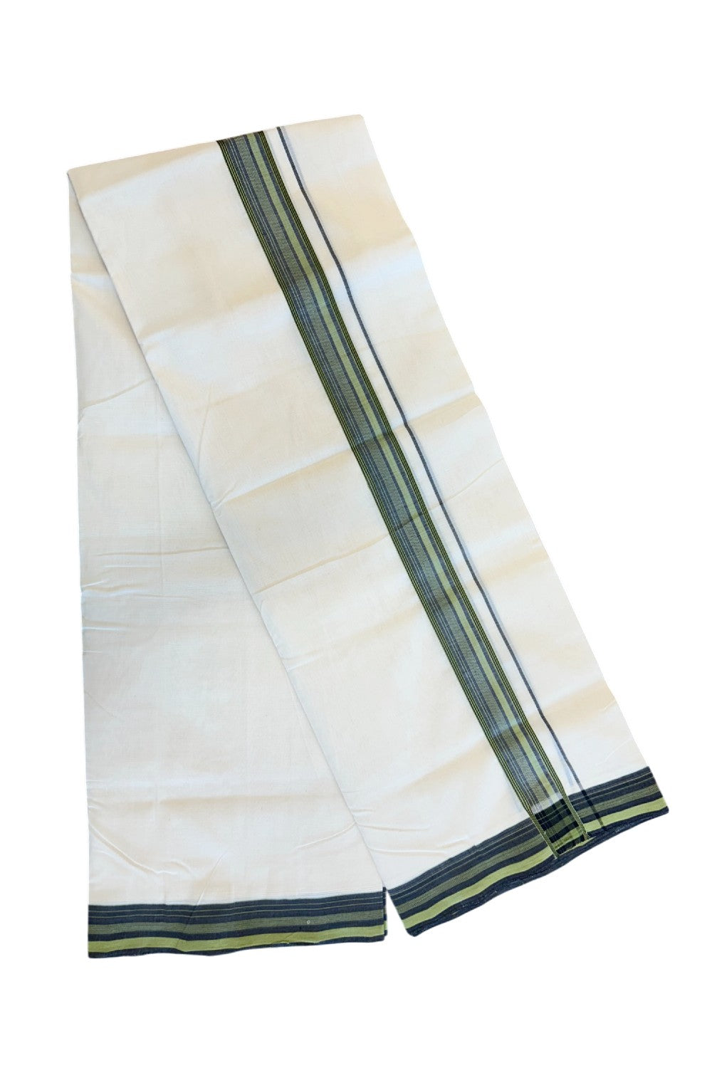 25% DISCOUNT!! KaithariKada HANDLOOM UNAKKUPAAV Balaramapuram - 100% PURE Cotton OFF White Double - (Unbleached) Mundu/Dothi - 2 inch Black & Green Kara 3.82 meters - 10KK5049REA
