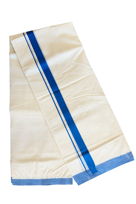 30% DISCOUNT! KaithariKada Balaramapuram HANDLOOM 100% Cotton Double Off white - (Unbleached) Mundu/Dhoti-100X100-  1.5inch BLUE  Kara-51