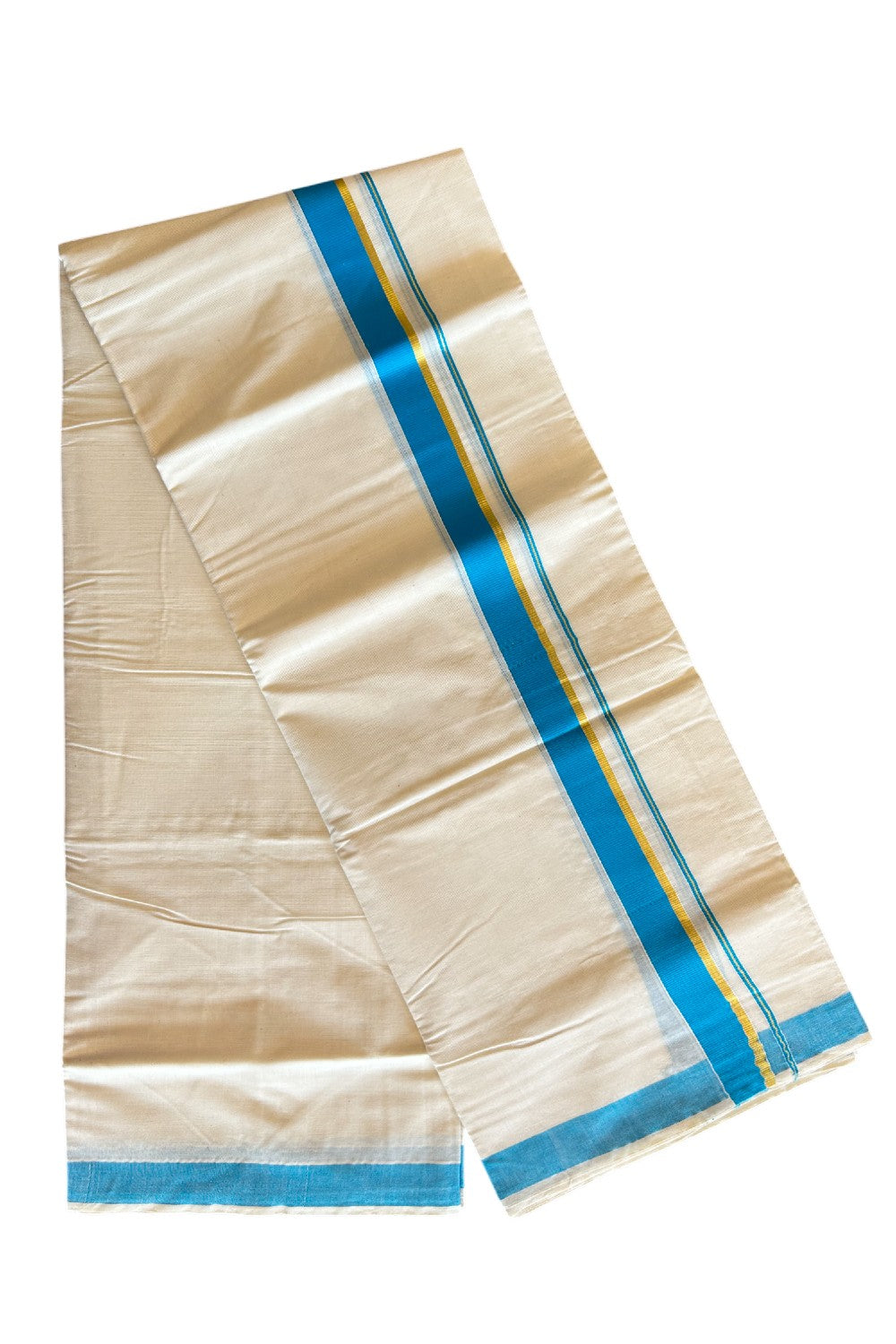 10% Discount! KaithariKada Balaramapuram 100% Cotton Off White - (Unbleached) Double Mundu/Dhoti-80x72 LIGHT BLUE & KASAVU - 10KK57VIN