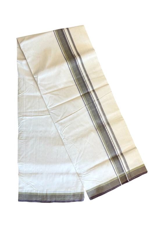 25% DISCOUNT!! KaithariKada HANDLOOM Unakkupaav Balaramapuram - 100% PURE Cotton OFF White (Unbleached) Double Mundu/Dothi - 2.25 inch Violet Green & Silver striped pattern kara - 50KK403RAM
