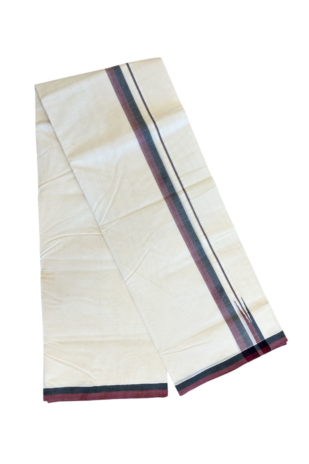 DMK Veshti - 22% Discount !! KaithariKada Balaramapuram Double Off white - (Unbleached) Mundu/Dhoti - 100X100 - 1 inch Puliyilakkara Maroon & Black Chutty Kara - 10KK5074ASH