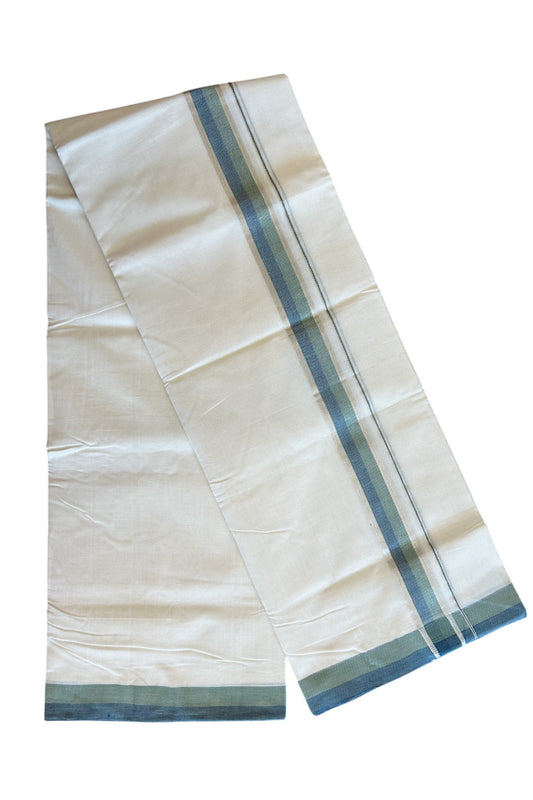 25% Discount !! KaithariKada HANDLOOM UNAKKUPAAV Balaramapuram - 100% PURE Cotton off white - (Unbleached) Double Mundu/Dhoti - 2 inch Silver kasavu Light Green & Peacock Blue Shaded kara - 10KK5082RAM