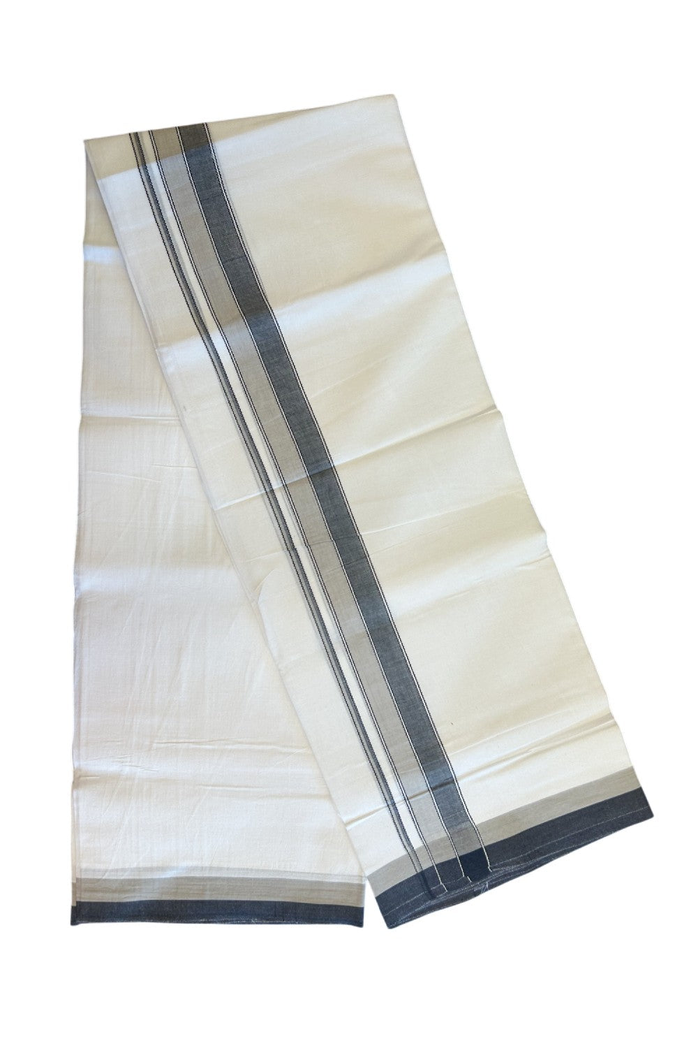28% DISCOUNT! KaithariKada Balaramapuram 100% Cotton PURE WHITE Double Mundu/Dhoti - 100x80 - 1.75 inch Light Grey & Black shaded designer kara - 10KK5134THI