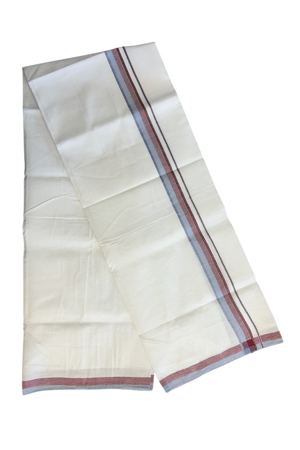 SIGNATURE KAITHARIKADA EXCLUSIVE SINGLE DHOTI - 20% Discount!!  100% Cotton Balaramapuram HANDLOOM Single Mundu/Dhoti -PURE WHITE - 1 inch Lavender Blue & Maroon Kasavu Muthukuri kara  (2 meters /4 muzham) - 8KK5146KAI