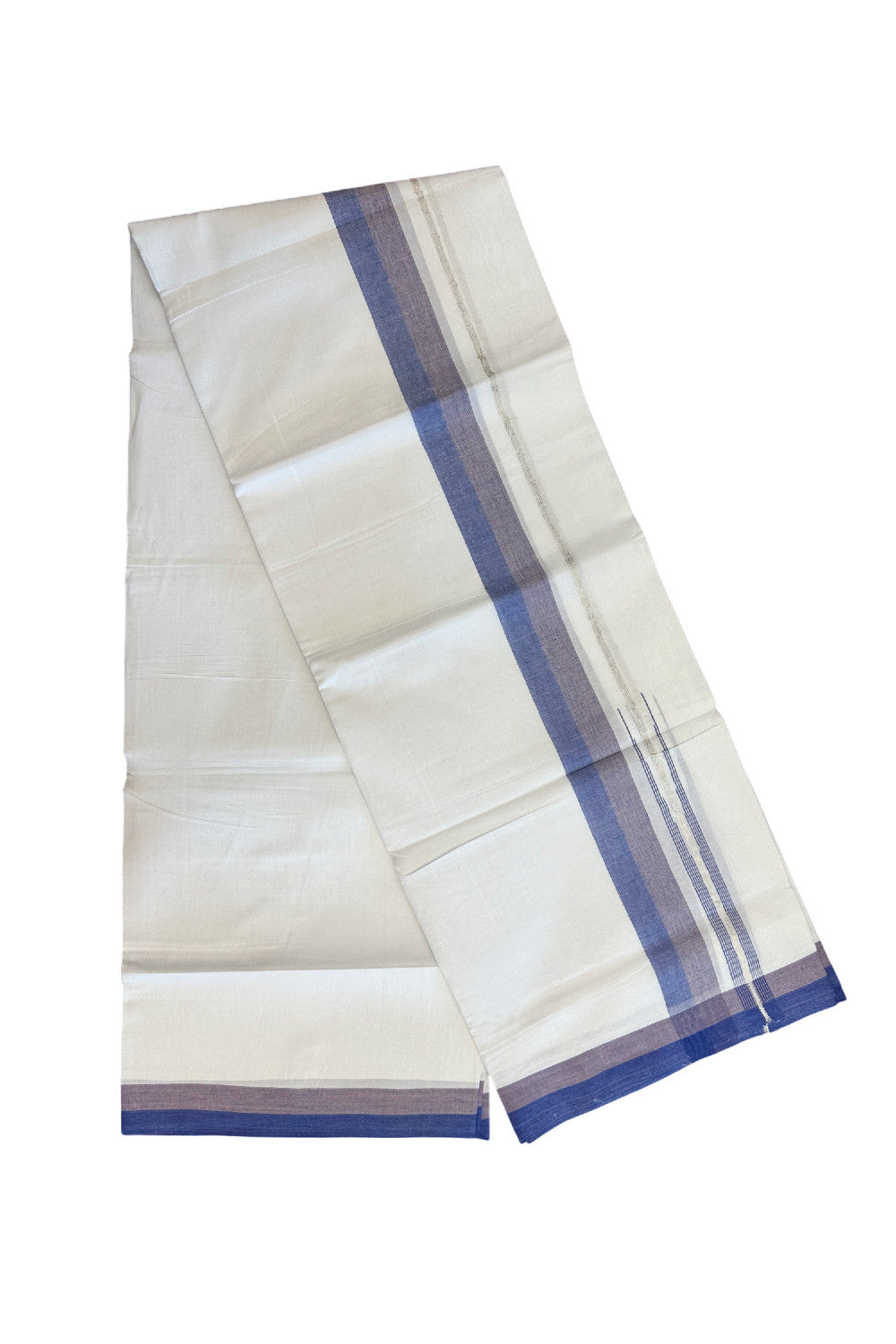 28% DISCOUNT!! Kaitharikada Balaramapuram 100% Cotton PURE WHITE Double Mundu/Dothi - 100X80 - 1.5 Inch Silver kasavu Light brown & Blue shaded striped chutty - 10KK5155THI