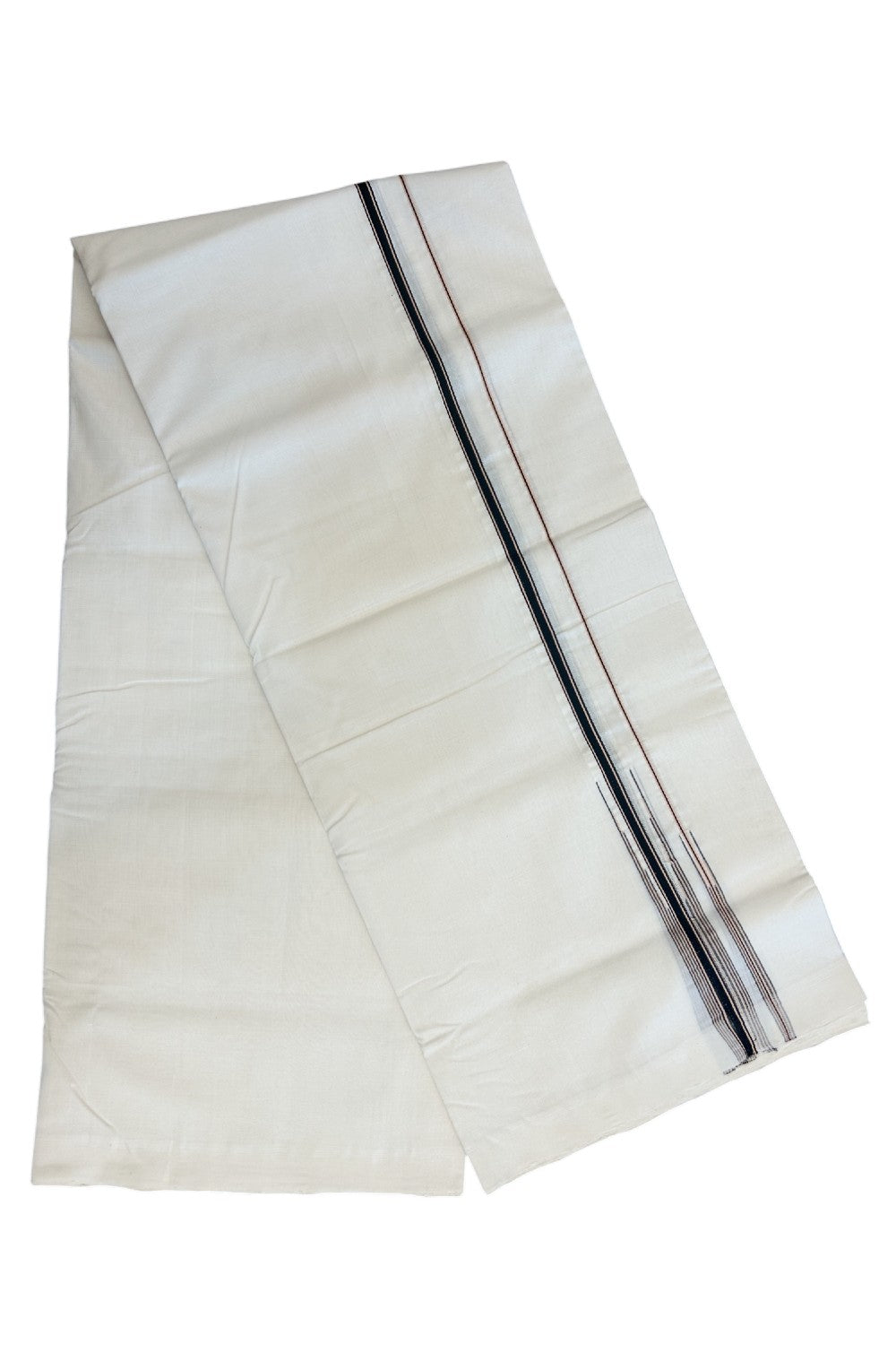 30% DISCOUNT!! KaithariKada HANDLOOM UNAKKUPAAV Balaramapuram - 100% PURE Cotton OFF White Double - (Unbleached)- Mundu/Dothi - 1 inch Puliyilakkara Black & Sand Brown Striped Chutty Kara 4.5 Meters (10 Muzham) - 10KK5160REA