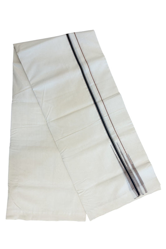 30% DISCOUNT!! KaithariKada HANDLOOM UNAKKUPAAV Balaramapuram - 100% PURE Cotton OFF White Double - (Unbleached)- Mundu/Dothi - 1 inch Puliyilakkara Black & Sand Brown Striped Chutty Kara 4.5 Meters (10 Muzham) - 10KK5160REA
