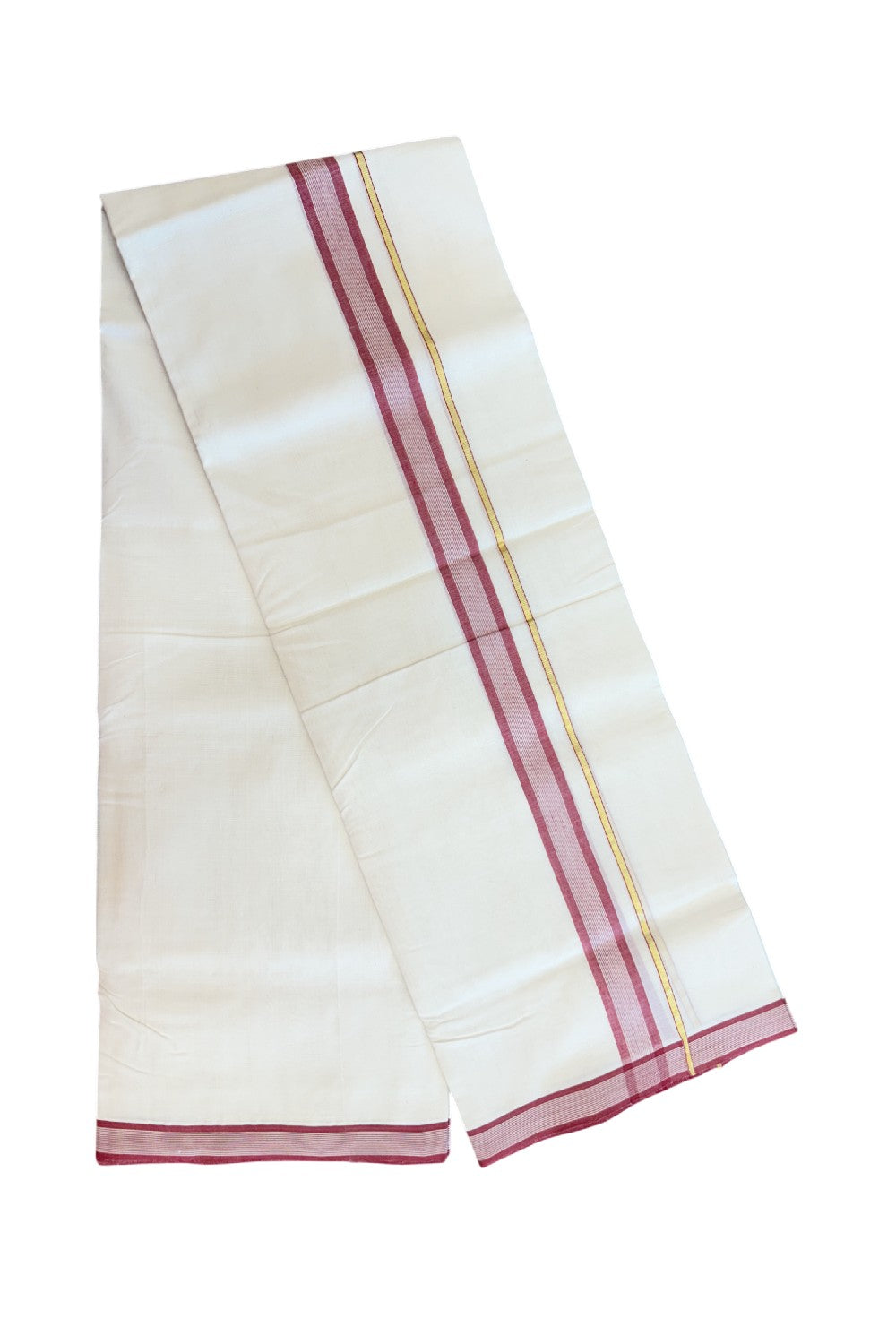 27% DISCOUNT! KaithariKada BALARAMAPURAM HANDLOOM UNAKKUPAAV - 100% PURE Cotton Off white (Unbleached) Double Mundu/Dhoti - 1.25 inch Gold Kasavu & Deep Red Striped Kara (8 Muzham) - 11KK5161SOM