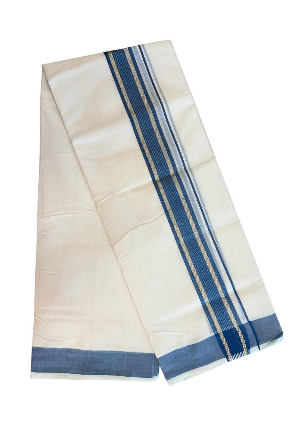 27% DISCOUNT!! KaithariKada HANDLOOM millpaav Balaramapuram - 100% PURE Cotton OFF White - (Unbleached) Double Mundu/Dothi - 2.25 inch Peacock blue colour kasavu  & Gold Kasavu Striped kara - 5KK5162RAM