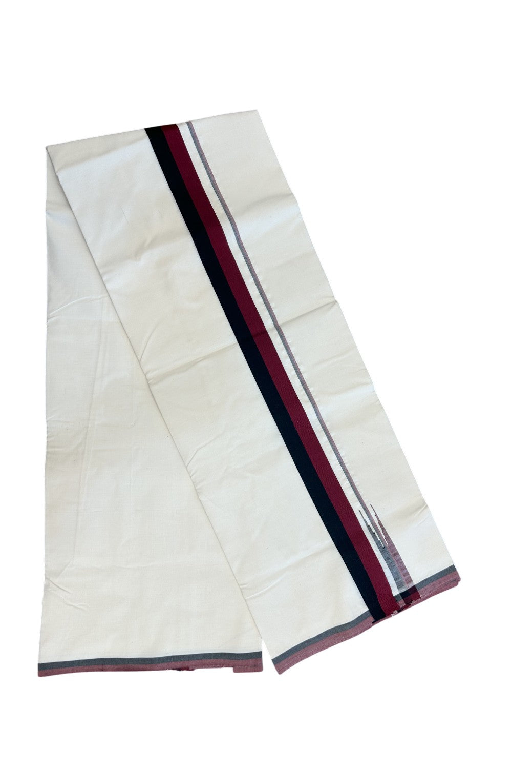 DMK Veshti - KaithariKada Balaramapuram 100% COTTON SINGLE OFF WHITE- (Unbleached) Mundu/Dhoti-100X100 -1.5 inch Puliyilakkara Maroon & Black Chutty (2 meter / 4 muzham) - 9KK5168ASH
