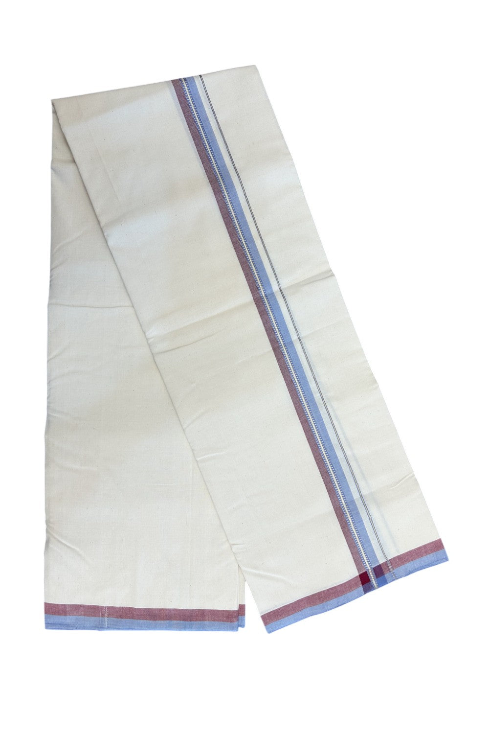 30%DISCOUNT!! SIGNATURE KAITHARIKADA EXCLUSIVE SINGLE DHOTI - 100% Cotton Balaramapuram HANDLOOM Single Mundu/Dhoti - Off White - (Unbleached) 1 inch Maroon Lavender & Gold Kasavu Striped Kara (2 meter / 4 muzham)- 10KK5173KAI