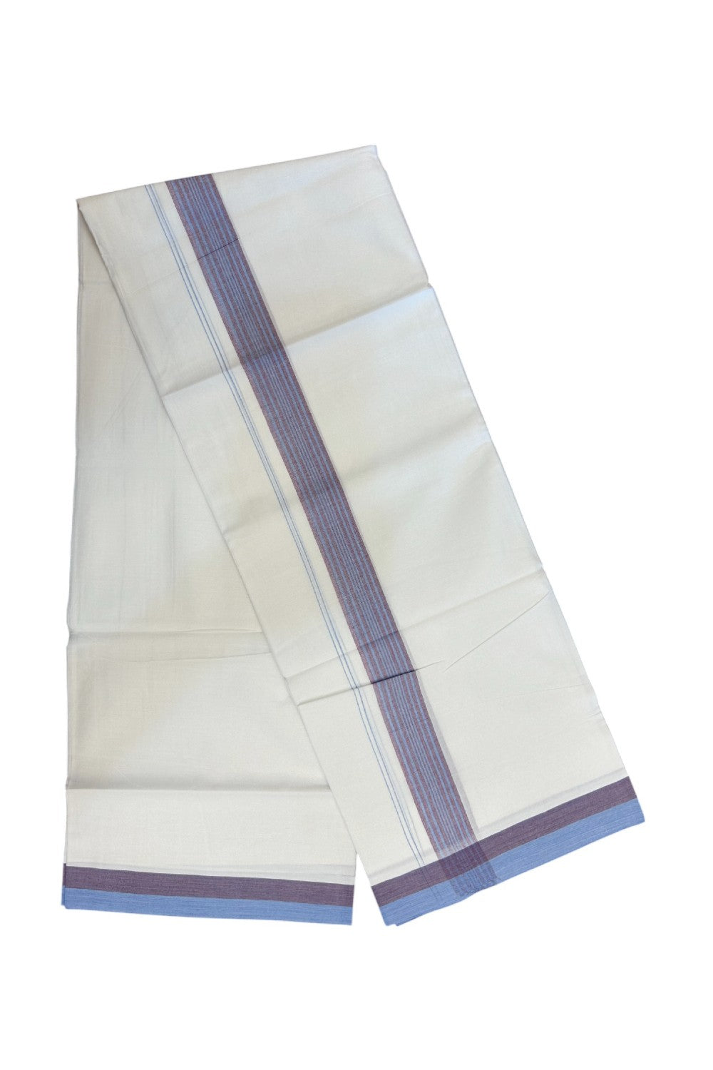 20% Discount ! Kaitharikada Balaramapuram 100% Cotton PURE WHITE Double Mundu/Dothi - 100x80 - 1.5 inch Light Blue & Purple Striped Kara - 10KK5183VIN