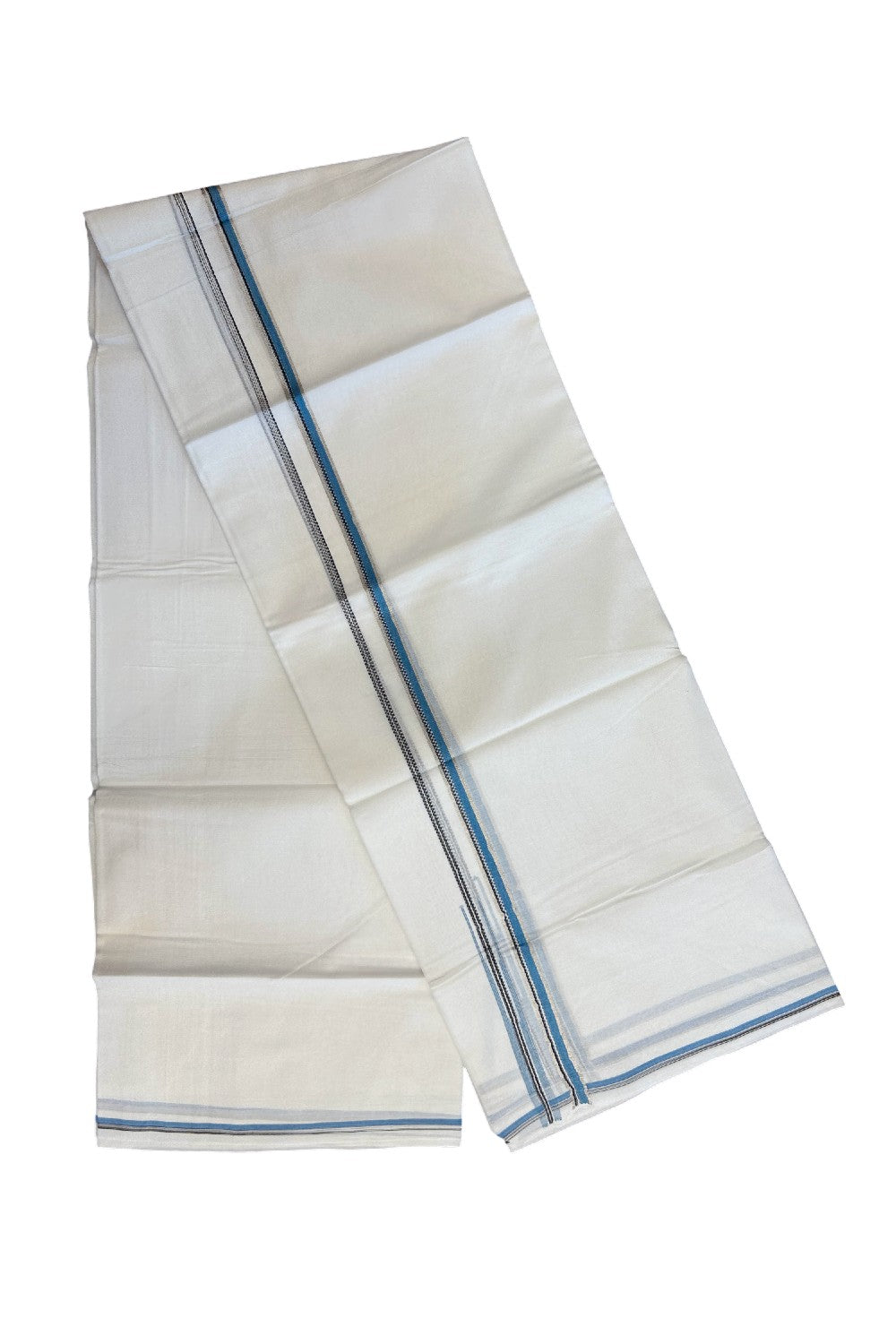 20% Discount !! Kaitharikada Balaramapuram 100% Cotton PURE WHITE DOUBLE Mundu/Dothi- 100X80 Thread - 0.5 inch - Silver Kasavu Black & Cyan Design Chutty Kara - 10KK5184RAMS
