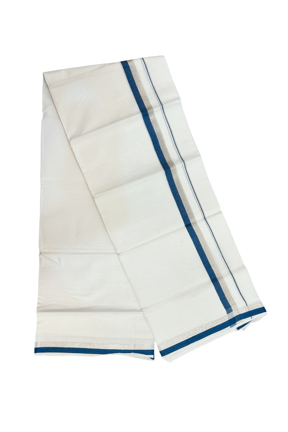 20% Discount !! Kaitharikada Balaramapuram 100% Cotton PURE WHITE Double Mundu/Dothi - 100x100 - 1 inch Silver Kasavu & Peacock Blue Kara - 10KK5191CKS