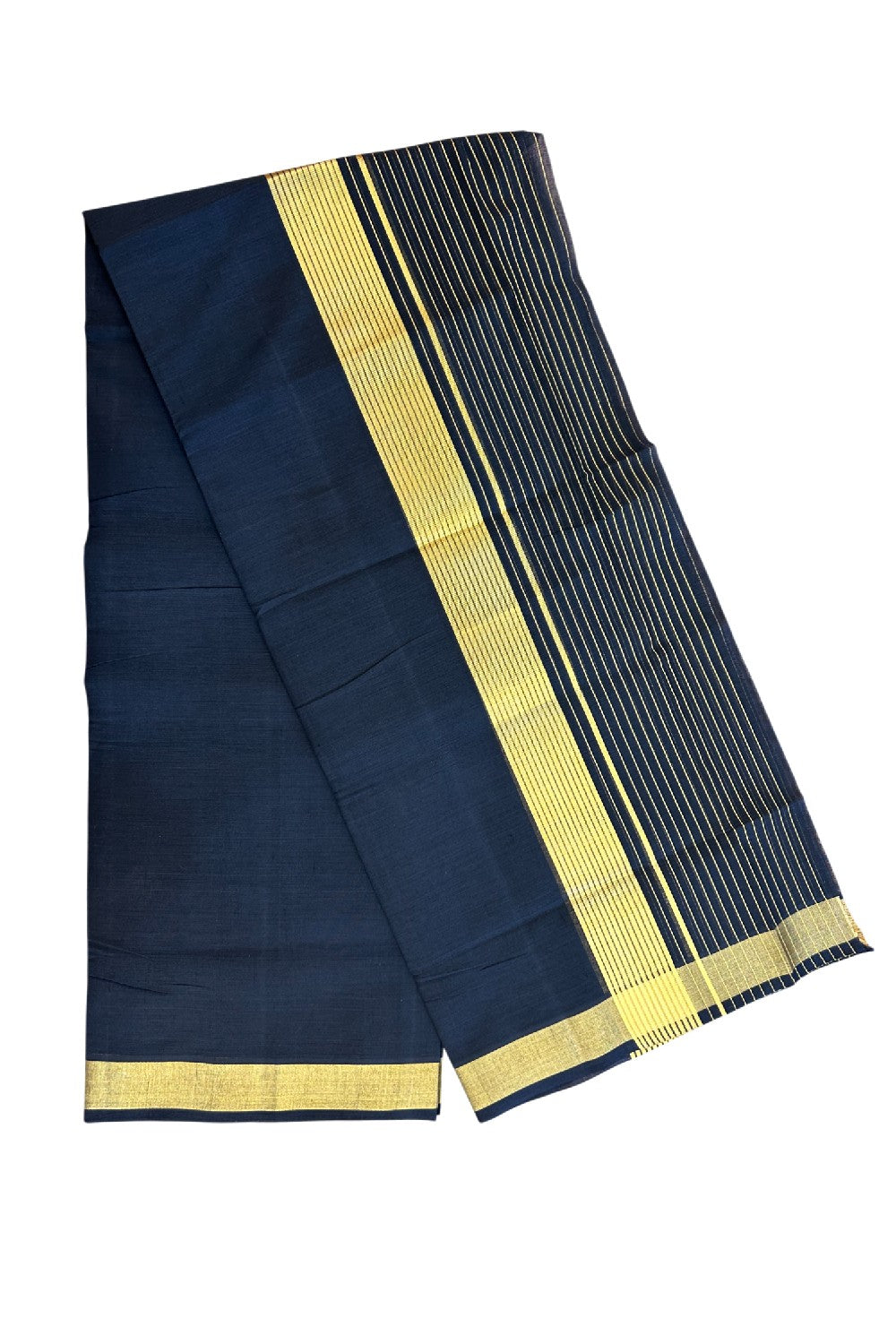 25% Discount! KaithariKada Handloom UNAKKUPAAV Balaramapuram - 100% Cotton Double Mundu/Dhoti - Black Colour Body - 7 inch Gold Kasavu Striped Kara - 10KK5190ABH