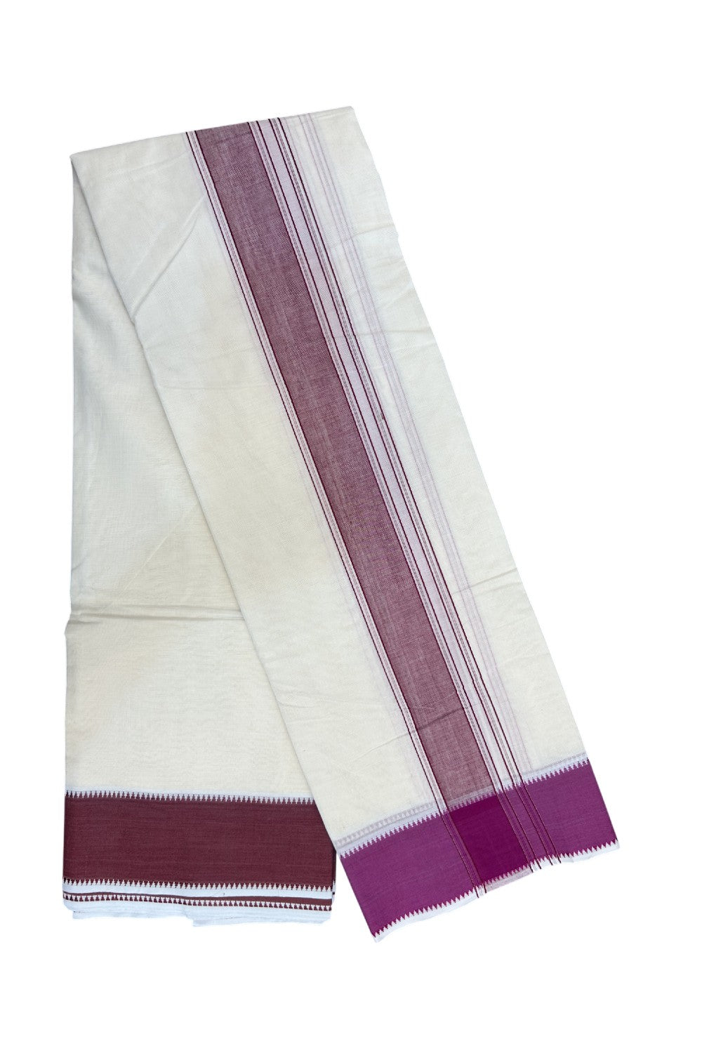 20% DISCOUNT! KaithariKada 100% Cotton Off White - (Unbleached) - Pure Cotton -100x100 thread - NORTH INDIAN - ATTACHED GAMCHA 9X5 Dhoti Magenta & Maroon border - 10KK5196PMC