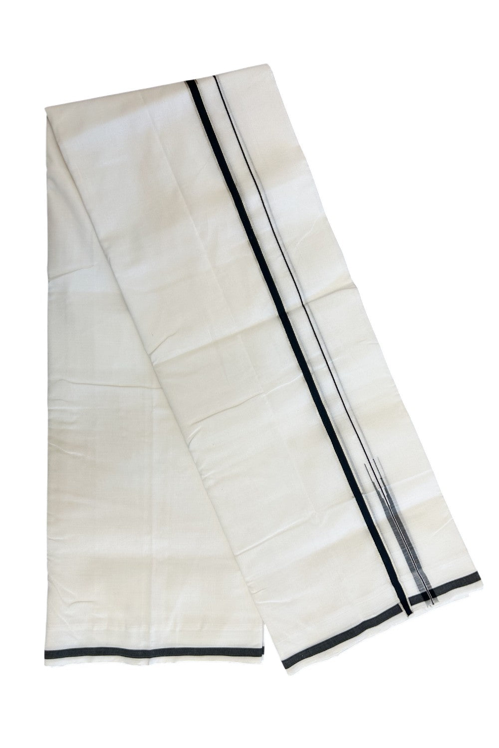 25% Discount!! NEW ULTRA PURE WHITE HANDLOOM Balaramapuram - 100% Mercerised Cotton Double Mundu/Dhoti - 120 twisted warp x 80s weft - 0.5 inch Puliyilakkara Silver Kasavu & Black Chutty Kara- 10KK5200REA