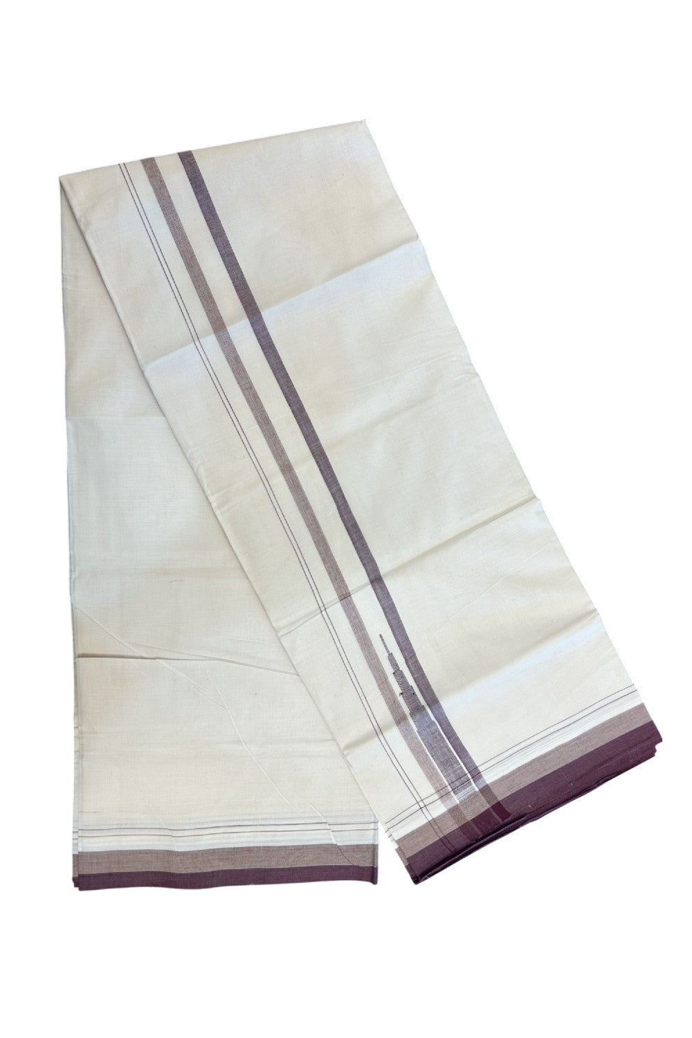 20% Discount!!! KaithariKada Balaramapuram Double OFF WHITE - (Unbleached) Mundu/Dhoti - 100x80 - 1.75 inch Sand Brown & Dark Purple Shaded Puliyilakkara Striped Chutty - 10KK5213 VIN