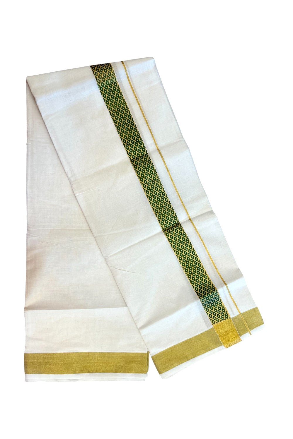 22% Discount!! KaithariKada Balaramapuram 100% Cotton DOUBLE OFF WHITE - (Ubleached) Mundu/Dhoti - 80x90 - 1.5 inch Gold Kasavu with Dark Green Printed Design Kara - 10KK5219 GAN