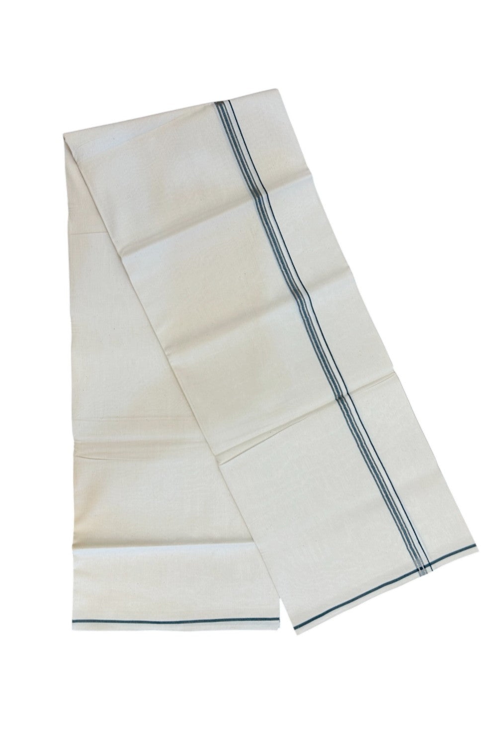 24% Discount !! KaithariKada Balaramapuram 100% Cotton OFF WHITE (Unbleached) Single Mundu/Dhoti - Twisted 60s Thread - 1 cm Silver Kasavu Green shaded Kara (2 meter / 4 muzham) - 8KK5236 GL