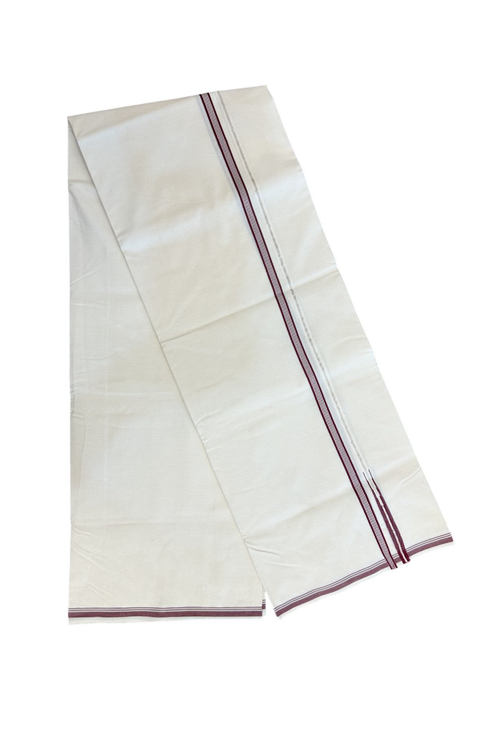 20% Discount!! KaithariKada Balaramapuram 100% COTTON SINGLE OFF WHITE - (Unbleached) Mundu/Dhoti - 100X100 - 1 cm Puliyilakkara Silver Kasavu & Maroon Chutty Kara(2 meter / 4 muzham) - 11KK5238 ASH