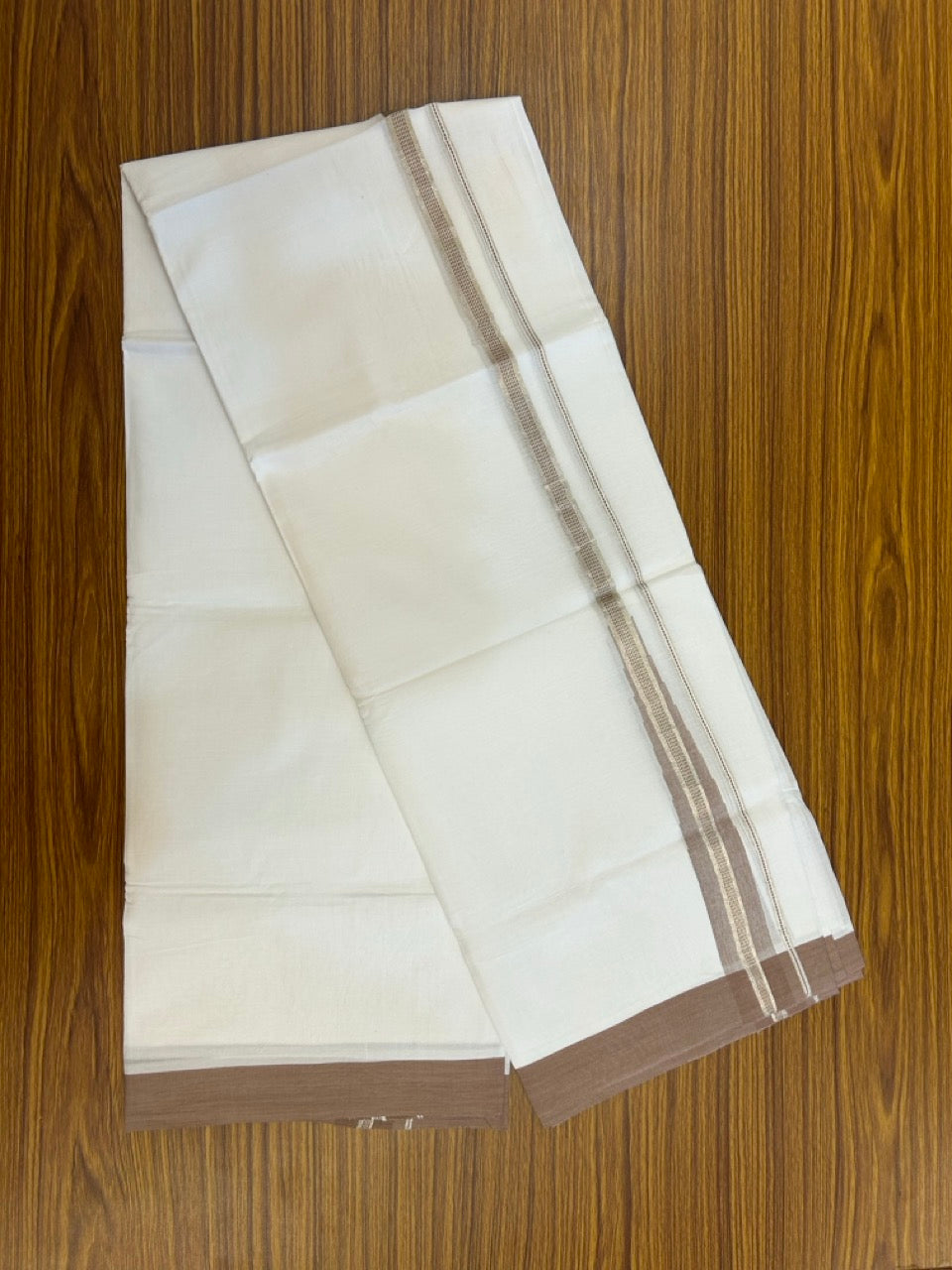 22% Discount ! NEW! KaithariKada Balaramapuram 100% Cotton Pure white Double Mundu/Dhoti - (100x80)s - Heavy Chutty Brown Chutty Silver Kasav - 10 KK5252 CKS