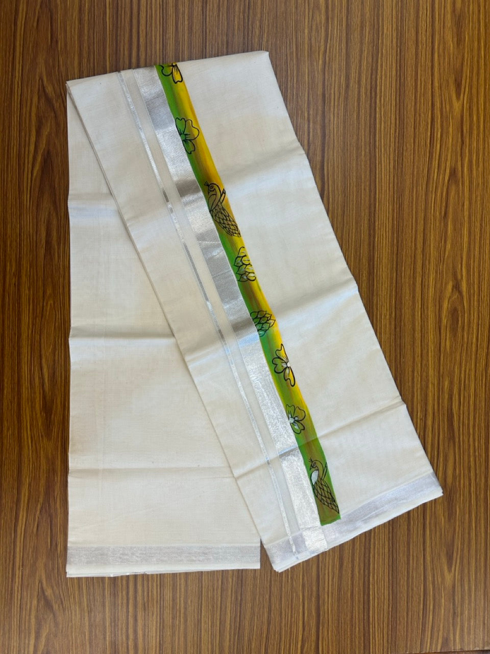 24% Discount! KaithariKada 100% Cotton Double Off white - (Ubleached) Mundu / Dhoti - 100x80 1 inch Silver Kasavu & Hand Painted Flower Peacock - 10 KK5259 CKS