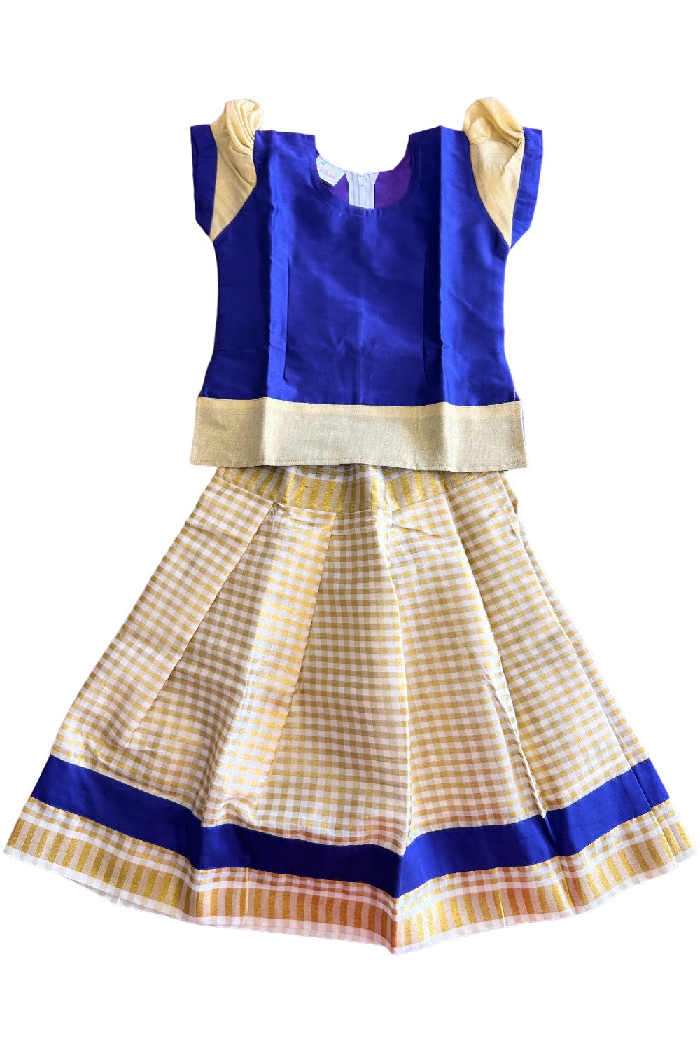 Midukki-Traditional South Indian Kids Pattu Pavada- Violet top offwhite check skirt- Age 3 - KK3MID0010