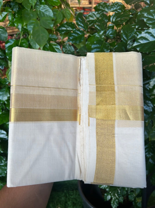 25% Discount ! KaithariKada Handloom Milpaav Balaramapuram - Pure Cotton Off White - (Unbleached) Double Mundu/Dhoti - (80X90s) - 7 inch Gold Kasav Striped & Half Tissue Kara - 100 KK5256 RAM
