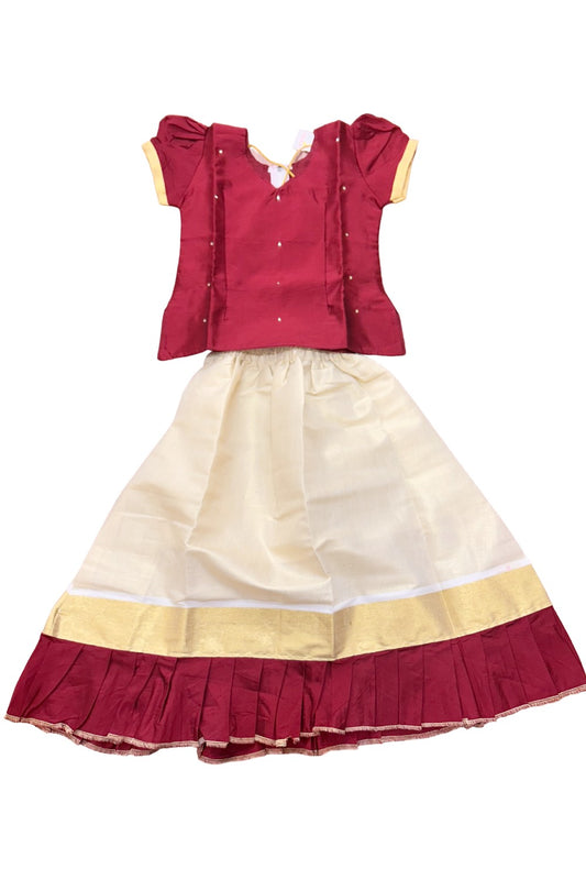 Midukki-Traditional South Indian Kids Pattu Pavada- Maroon top tissue skirt with frill bottom - Age 4 - KK4MID0010