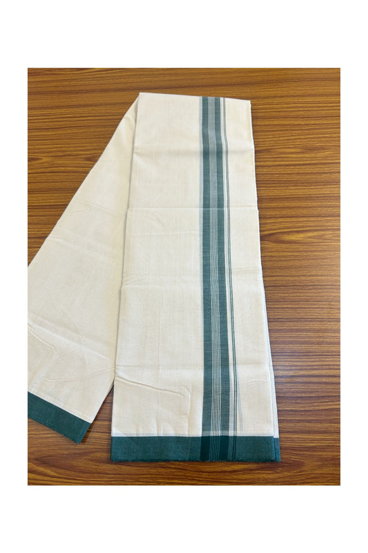 30% DISCOUNT!! KaithariKada HANDLOOM Millpaav Balaramapuram - 100% PURE Cotton OFF White (Unbleached) Double Mundu/Dothi - 1.75 inch DARK GREEN & White striped kara 3.70 meters (8 Muzham) - 10KK453RAM